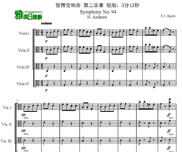 海顿 惊愕交响曲第二乐章中提四重奏谱