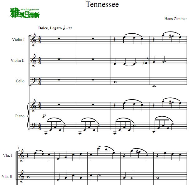 珍珠港 Tennessee 小提大提钢琴四重奏谱