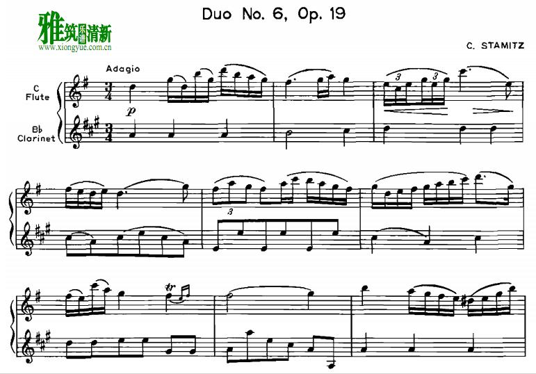 Stamitz 斯塔米茨 长笛单簧管重奏谱 Duo No. 6. Op 19. For Flute and Clarinet