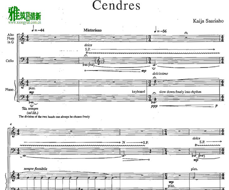 卡佳 萨莉亚霍Kaija Saariaho 灰烬 Cendres 长笛大提琴钢琴重奏谱