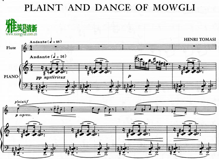 Henri Tomasi - plaint and dance of mowgli长笛钢琴伴奏谱