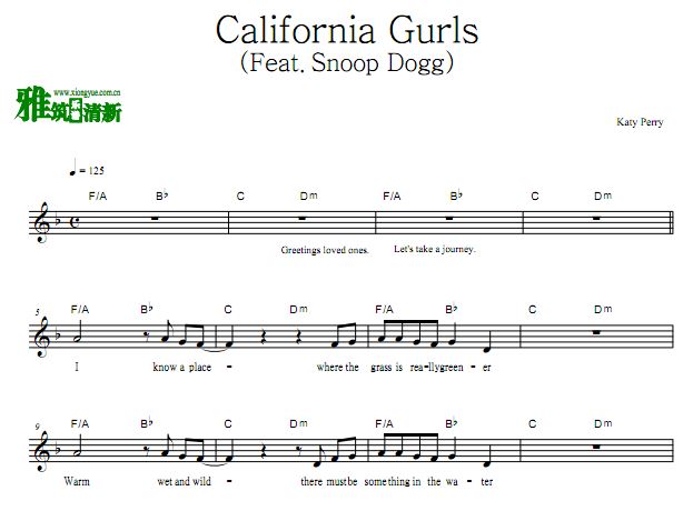 Katy Perry - California Gurls原调歌谱 正版旋律谱
