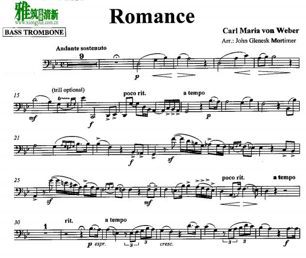 韦伯Romance for Trombone  浪漫曲 低音长号谱  
