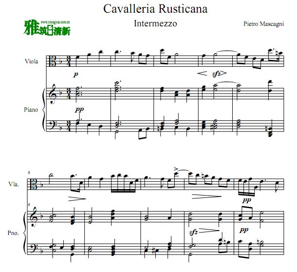 Cavalleria Rusticana -Intermezzo中提琴钢琴合奏谱 《乡村骑士》间奏曲中提琴谱