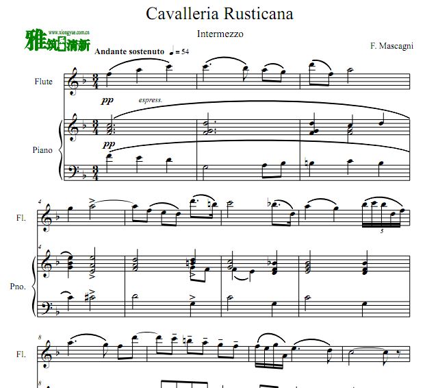 Cavalleria Rusticana - Intermezzo 长笛钢琴谱《乡村骑士》间奏曲长笛钢琴伴奏谱