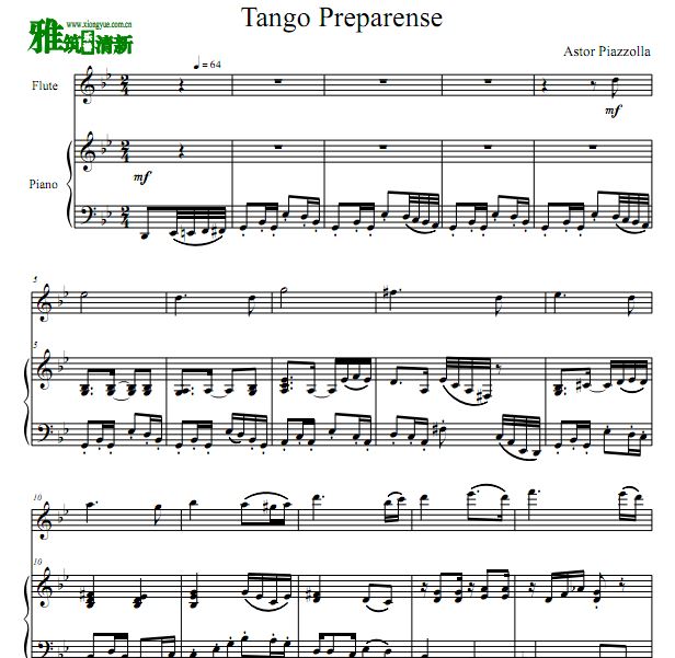 皮亚佐拉 Tango Preparense 长笛钢琴谱