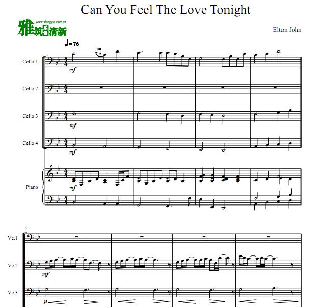 Can You Feel The Love Tonight 大提琴钢琴五重奏谱