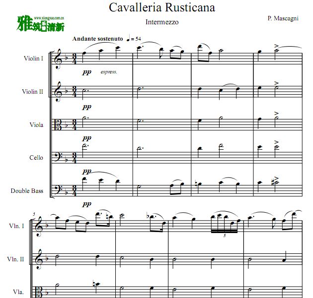 《乡村骑士》间奏曲 Cavalleria Rusticana - Intermezzo 弦乐五重奏谱