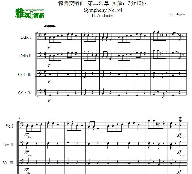 海顿 惊愕交响曲第二乐章四大提琴合奏谱 短版：3分12秒