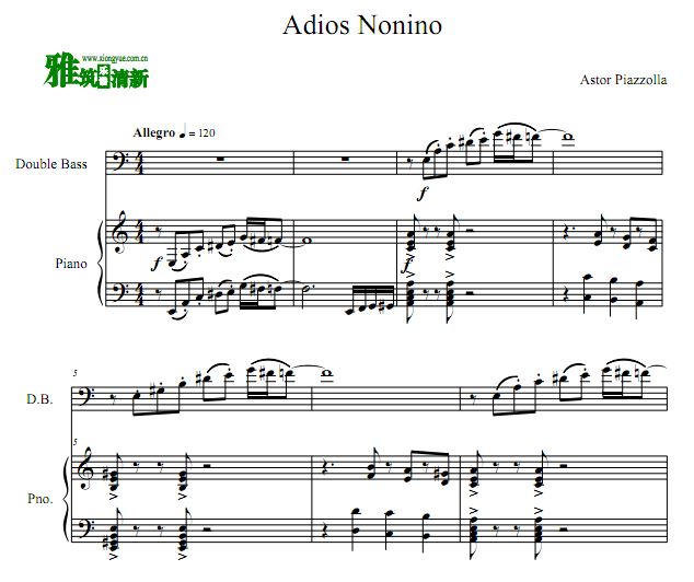 再会诺尼诺 Adios Nonino 低音提琴钢琴谱
