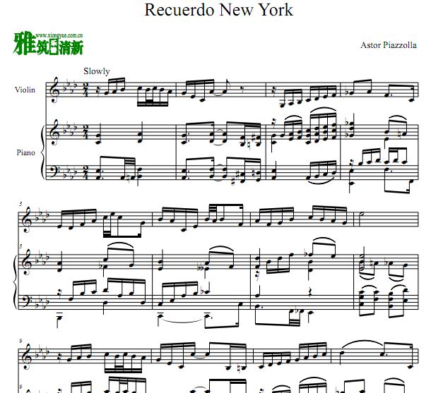 皮亚佐拉 Recuerdo New York小提琴钢琴合奏谱