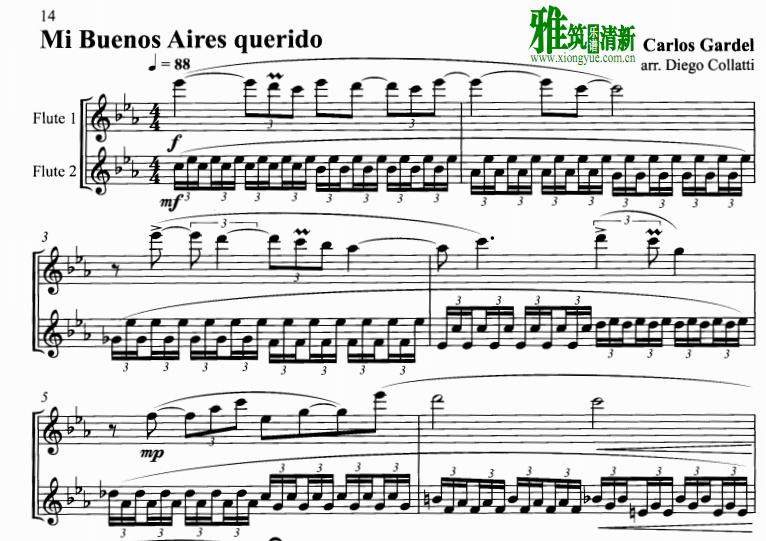 Carlos Gardel - Mi Buenos Aires querido长笛二重奏谱