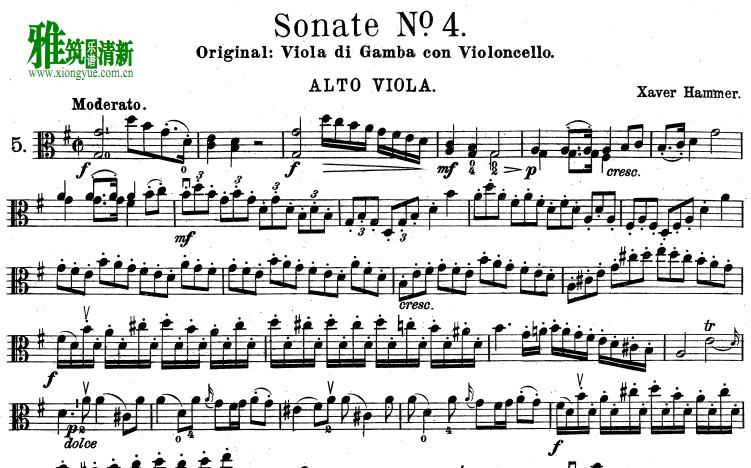 哈梅尔 萨伏尔 Hammer Xaver  第四奏鸣曲 Gamba Sonata No.4 中提琴谱