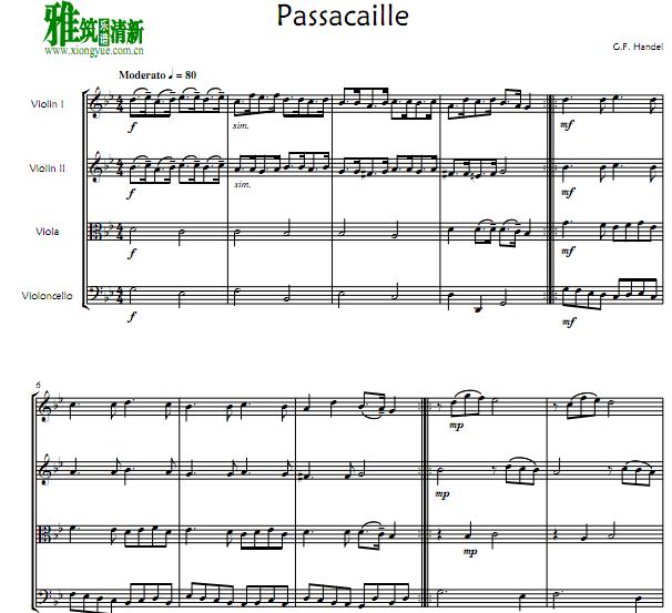 亨德尔  帕萨卡利亚 Passacaille 弦乐四重奏谱