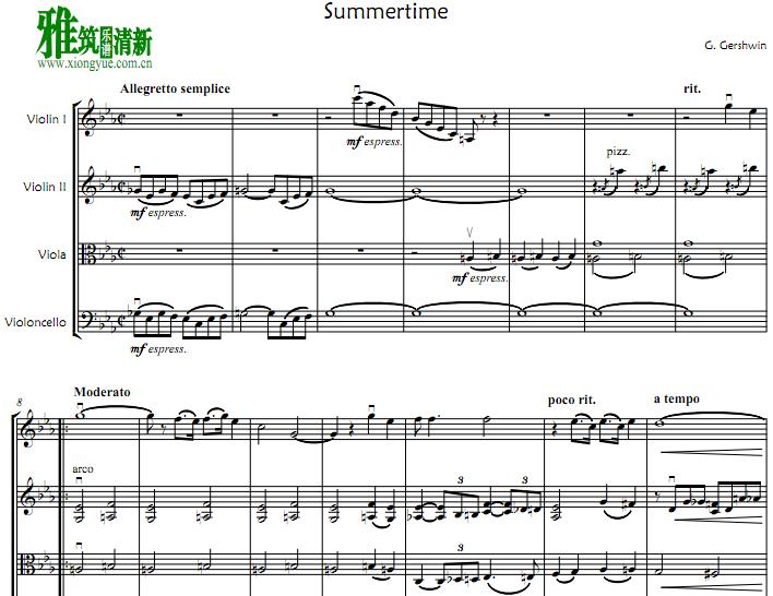 G. Gershwin - Summertime 弦乐四重奏谱