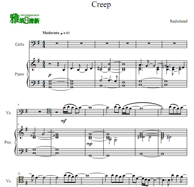 Creep大提琴钢琴合奏谱
