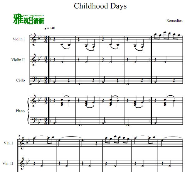 情书 Childhood Days 二小提大提钢琴四重奏谱