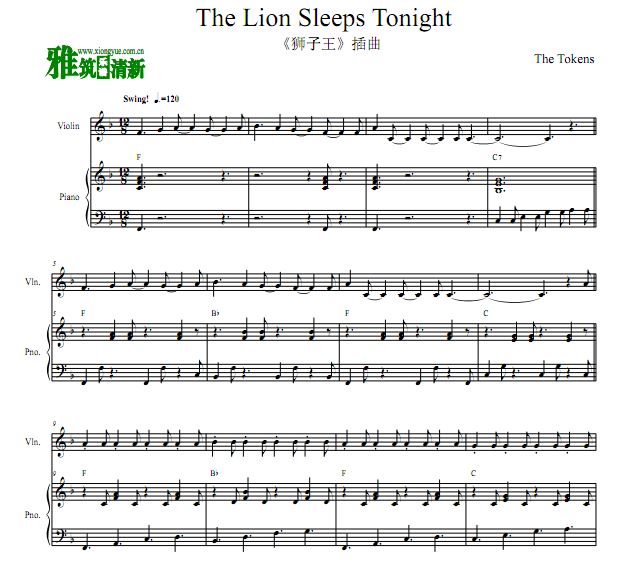 The Lion Sleeps Tonight小提琴钢琴合奏谱