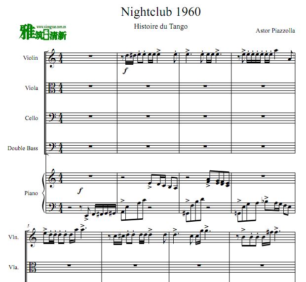 皮亚佐拉 夜总会1960 小提琴中提琴大提琴低音提琴钢琴五重奏谱