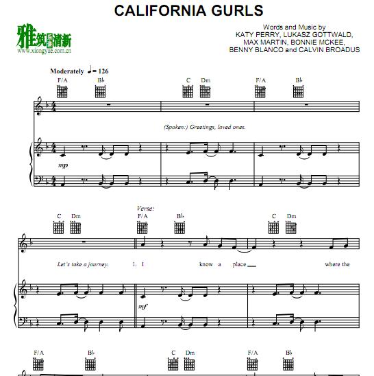 Katy Perry - California Gurls钢琴伴奏谱
