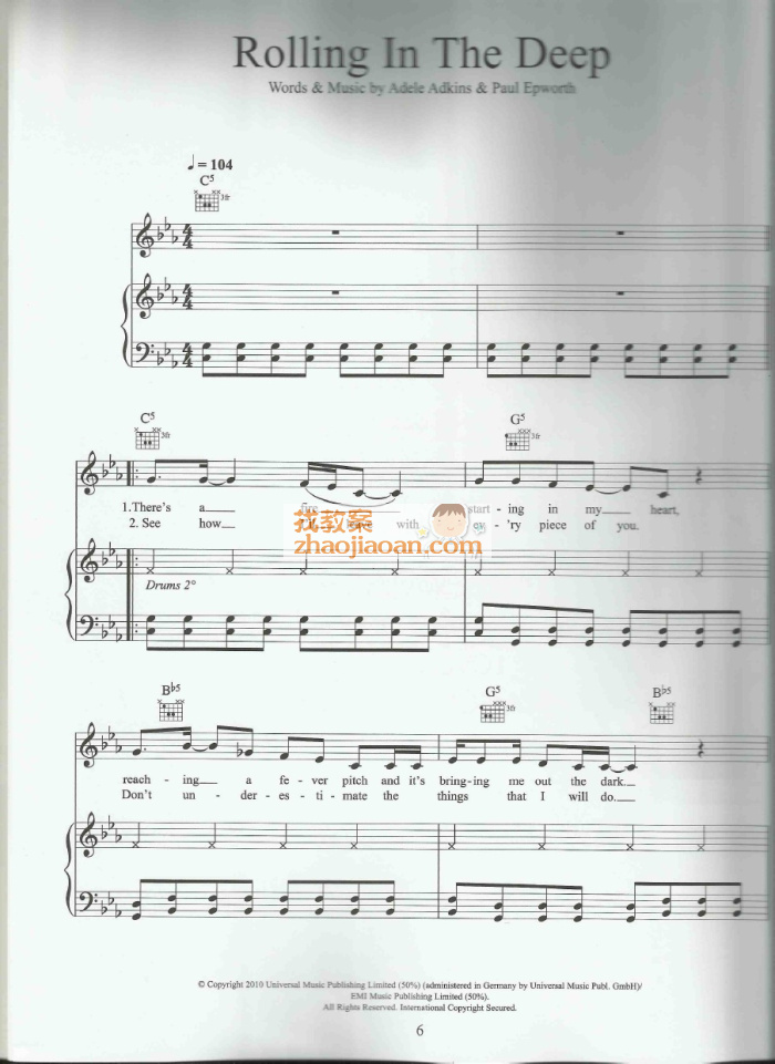 adele阿黛尔 rolling in the deep 钢琴谱 五线谱