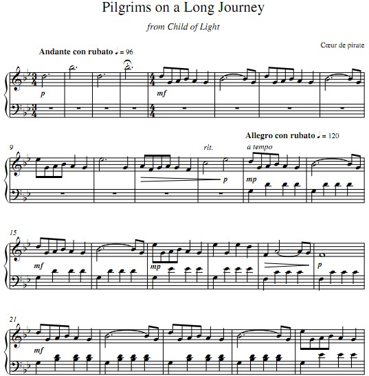光之子Child of Light - Pilgrims on a Long Journey钢琴谱
