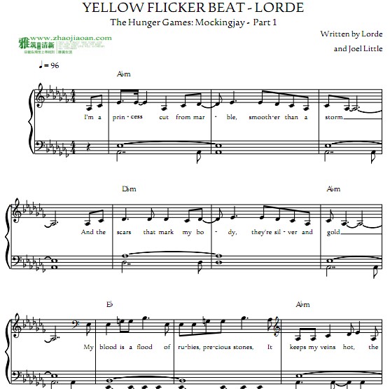 饥饿游戏3主题曲钢琴谱 Lorde–Yellow Flicker Beat